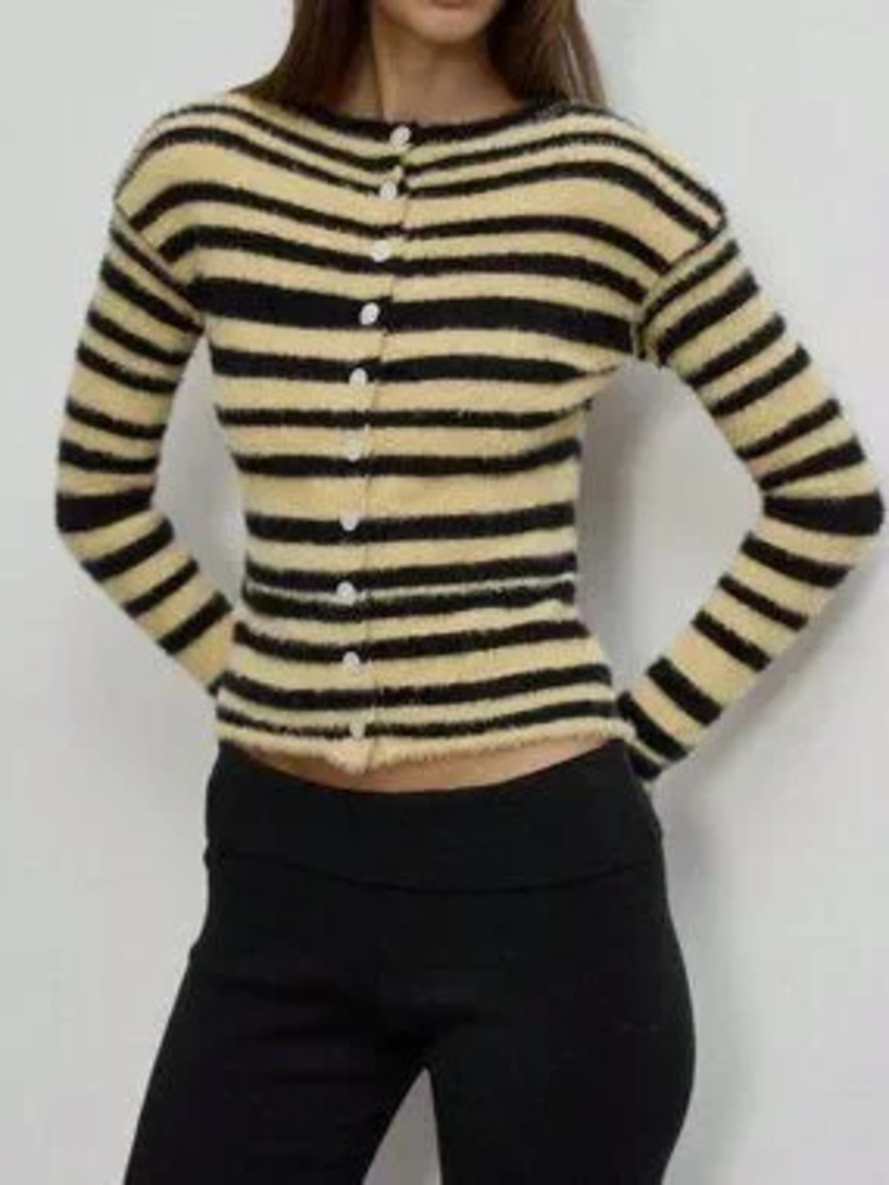 ZARA Cream Casual Women's Striped Fuzzy Knit Long Sleeve Cardigan Top
